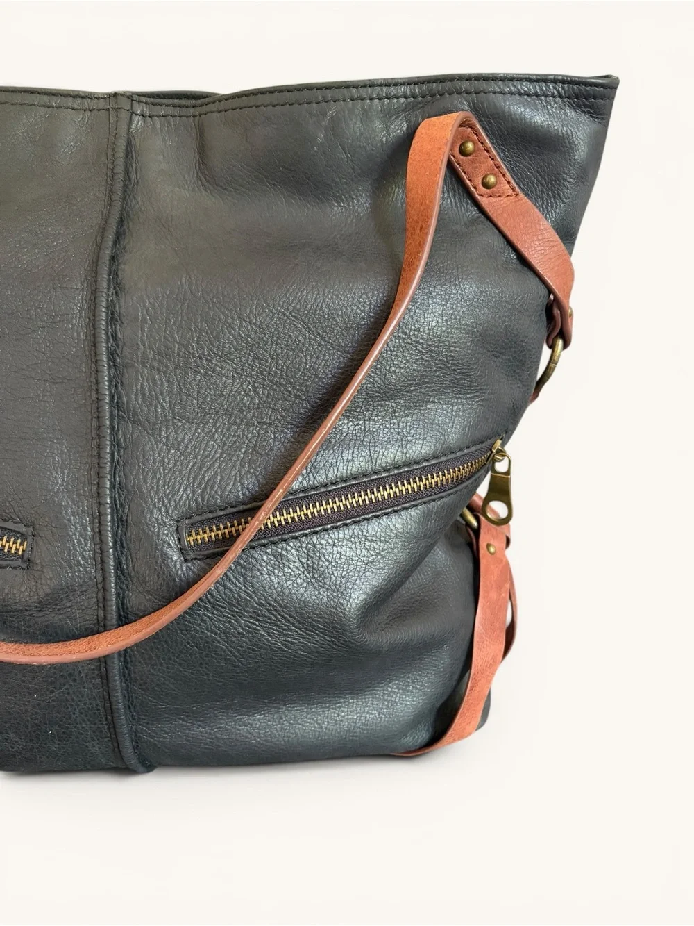 Lucky Brand Black Leather Tote with Brown Straps
